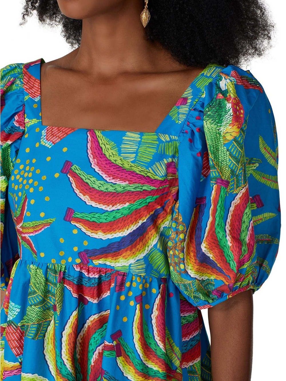 Farm Rio Tropics Tiered Midi Dress Size XS Blue Banana Print Puff Sleeve Cotton - Picture 4 of 15